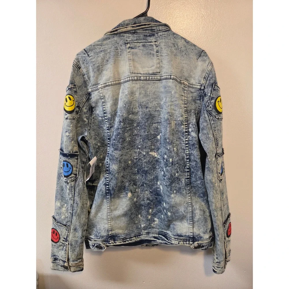 NEW WITH TAGS  Reason Clothing Smiley Face Multi-Pocket Distressed Denim Jacket